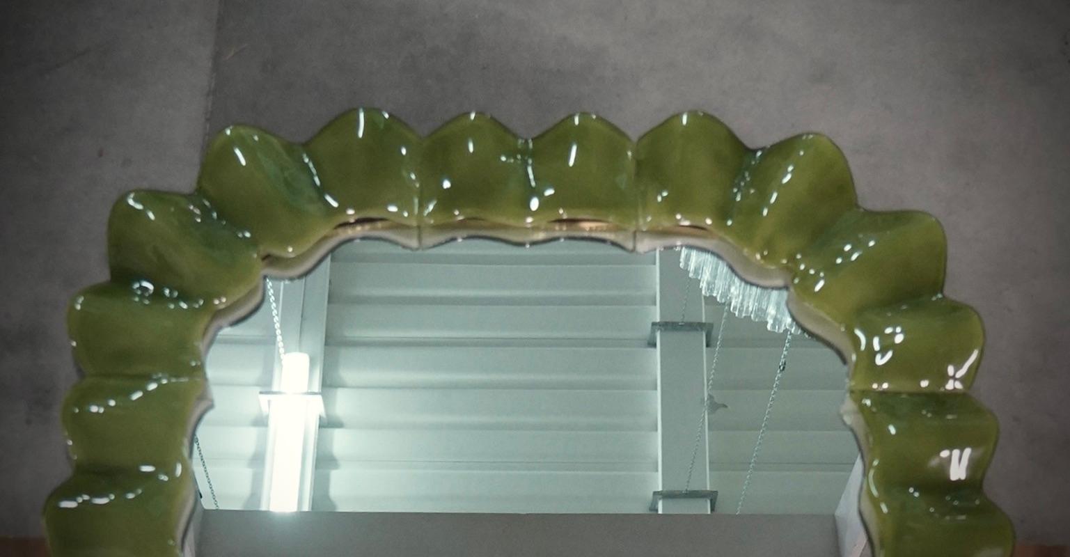 Murano Green Art Glass and Brass Italian Console / Wall Mirror, 2000 For Sale 3