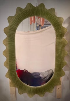 Murano Green Art Glass and Brass Italian Console / Wall Mirror, 2020