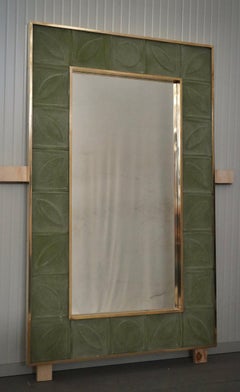 Murano Green Art Glass and Brass Mid-Century Italian Console Wall Mirror, 2020