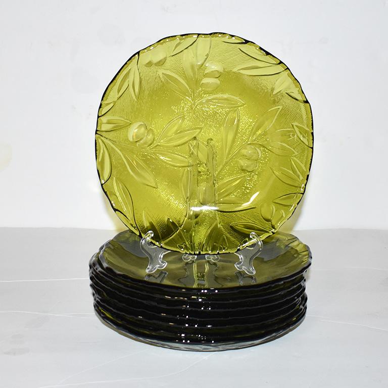 20th Century Murano Green Art Glass Italian Service Dinnerware Plate Set Italy 28 pieces
