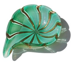 Murano Green Aventurine Gold Flecks Ribbons Italian Art Glass Decorative Bowl