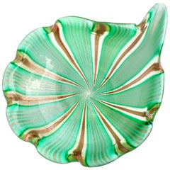 Murano Green Aventurine Gold Flecks Ribbons Italian Art Glass Decorative Bowl