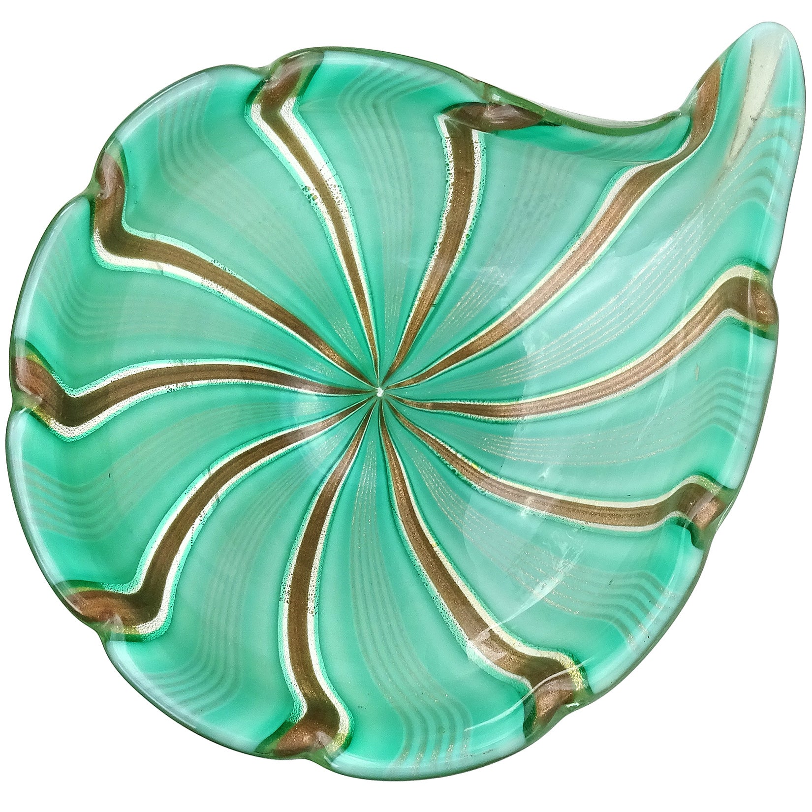 Murano Green Aventurine Gold Flecks Ribbons Italian Art Glass Decorative Bowl