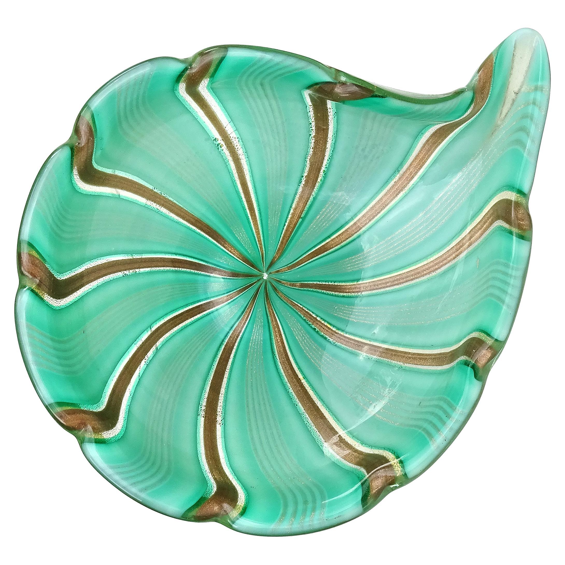 Murano Green Aventurine Gold Flecks Ribbons Italian Art Glass Decorative Bowl
