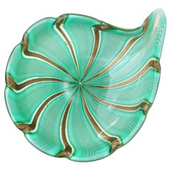 Murano Green Aventurine Gold Flecks Ribbons Italian Art Glass Decorative Bowl