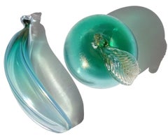 Murano Green Blue Gold Iridescent Italian Art Glass Apple Banana Fruit Sculpture