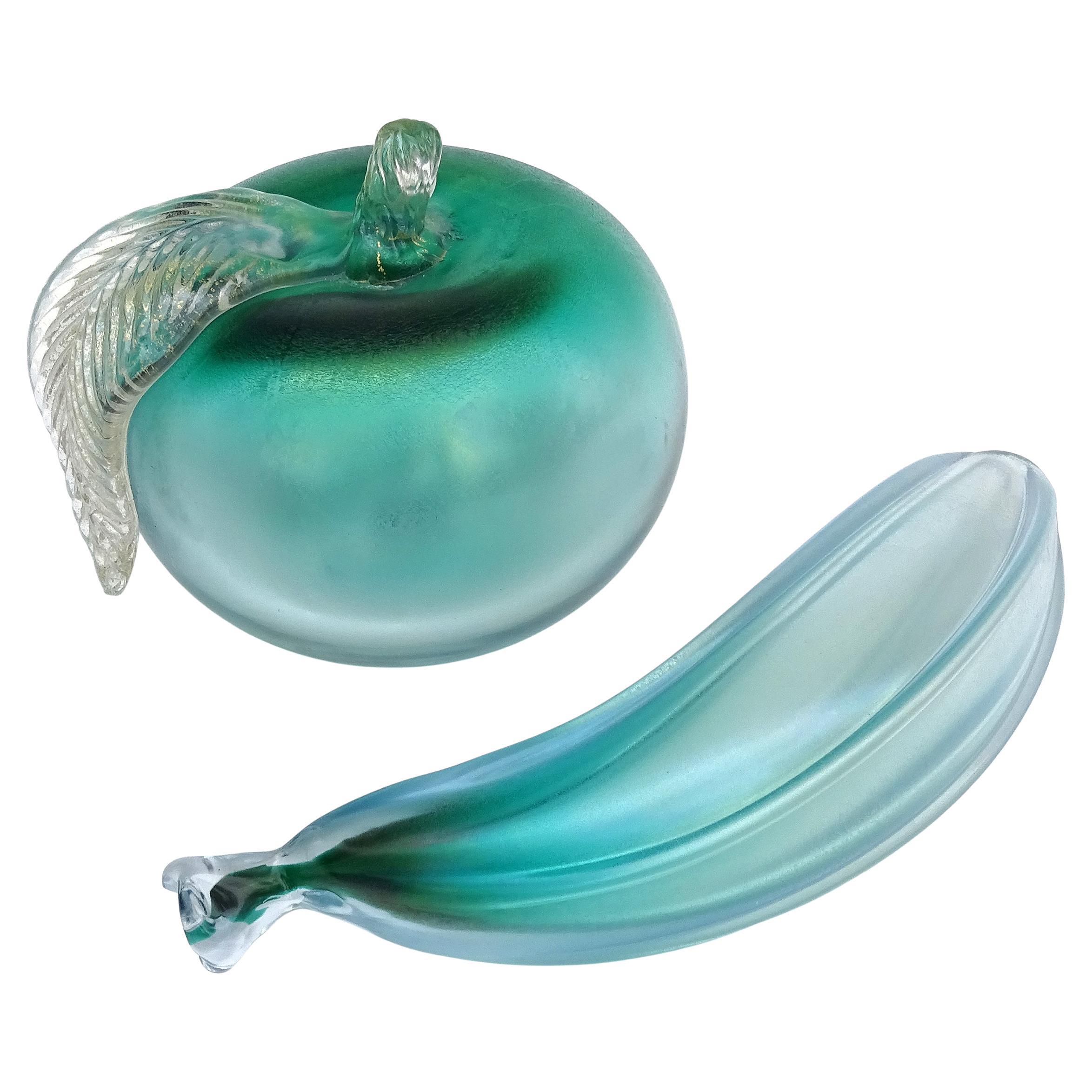 Murano The Artful Green Blue Gold Iridescent Italian Art Glass Apple Banana Fruit Sculpture