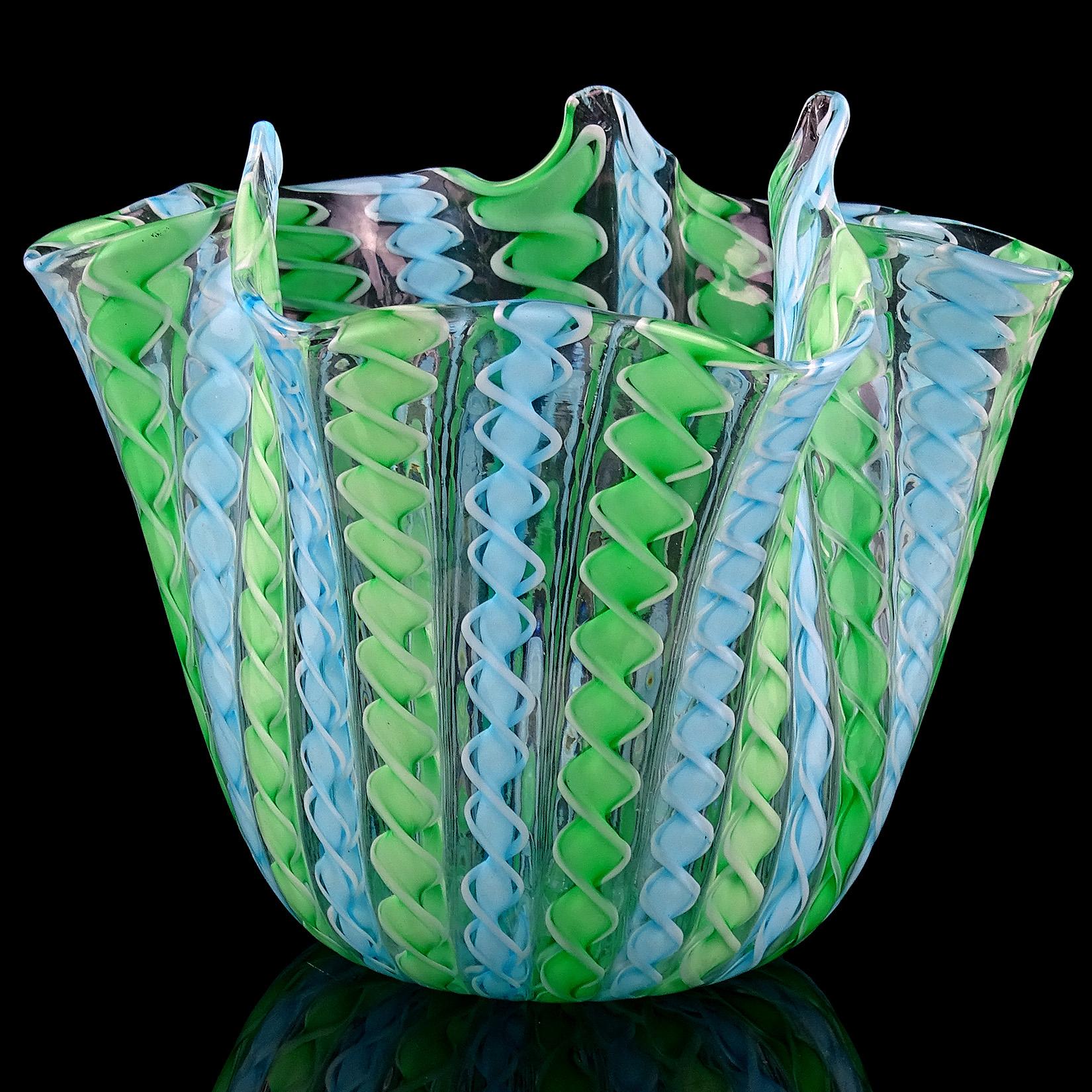 Beautiful Murano hand blown green, blue, and white twisted ribbons Italian art glass handkerchief / fazzoletto vase. In the manner of the Fratelli Toso and Venini companies. Measures: 4 3/4