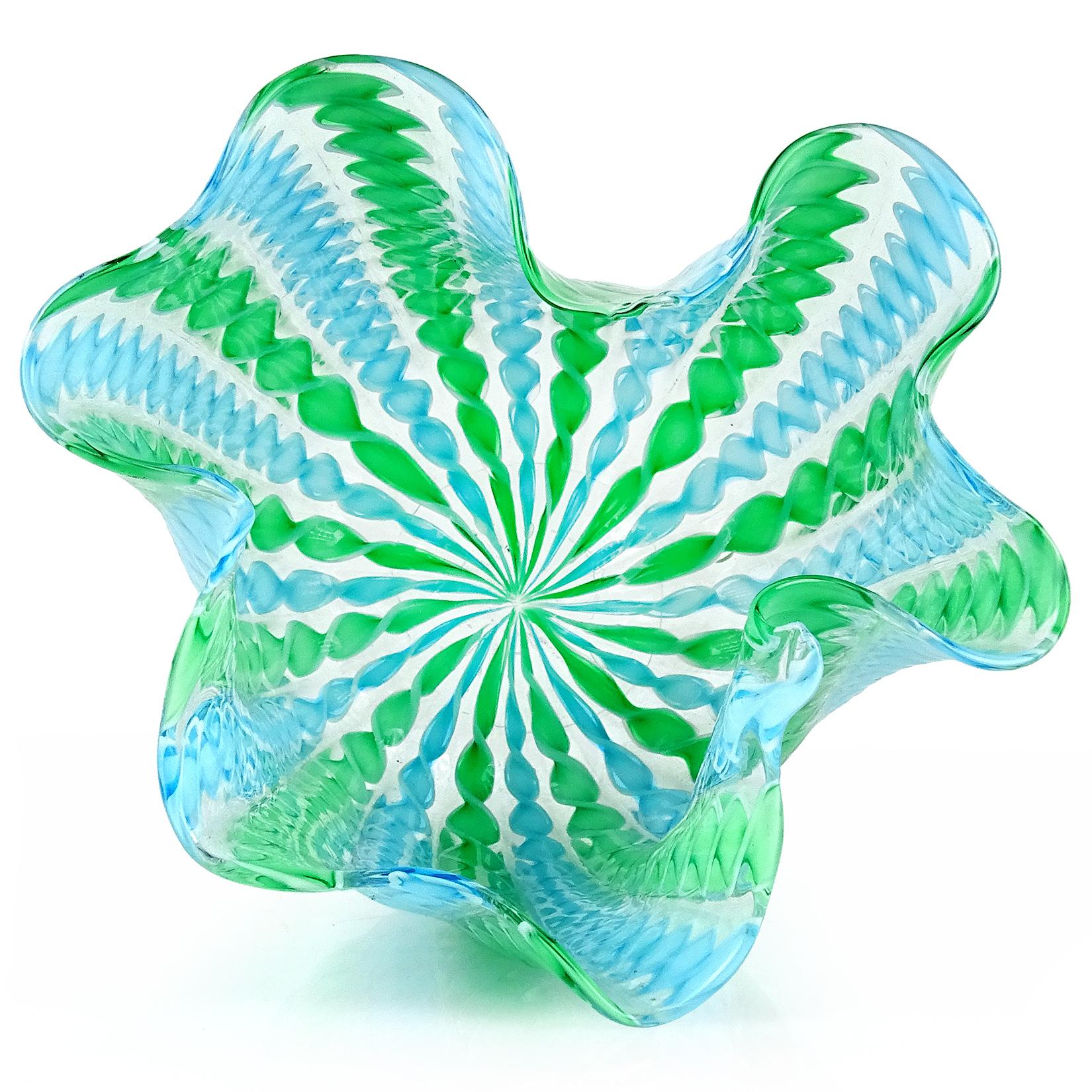 Mid-Century Modern Murano Green Blue White Twisted Ribbons Italian Art Glass Fazzoletto Vase