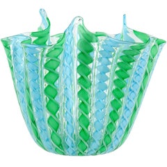 Murano Green Blue White Twisted Ribbons Italian Art Glass Fazzoletto Vase
