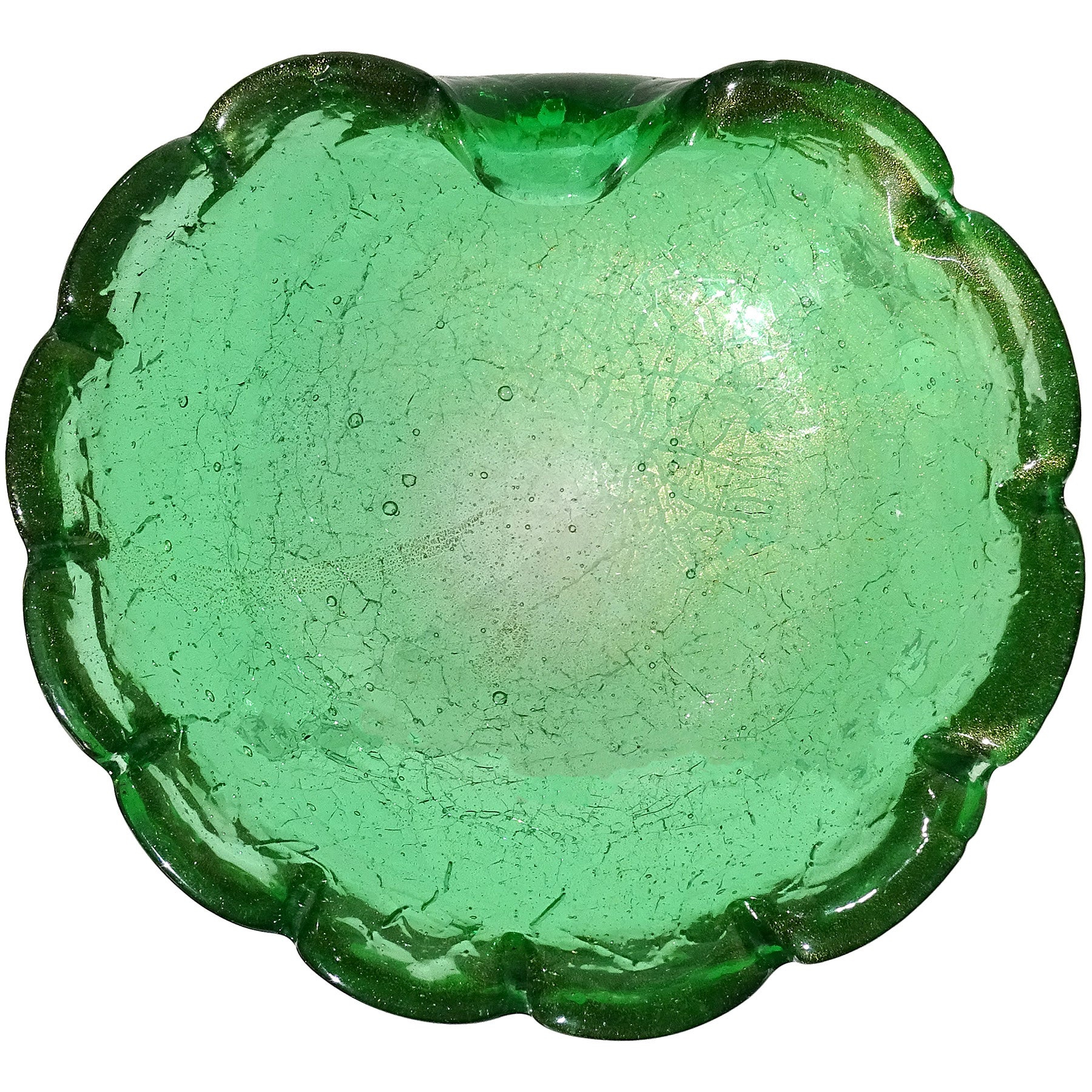 Murano Green Crackle Surface Gold Flecks Italian Art Glass Decorative Dish Bowl