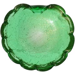 Murano Green Crackle Surface Gold Flecks Italian Art Glass Decorative Dish Bowl