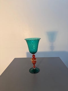 Murano Green Decorative Glass Goblet with an Ornate Red Stem