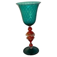 Murano Green Decorative Glass Goblet with an Ornate Red Stem