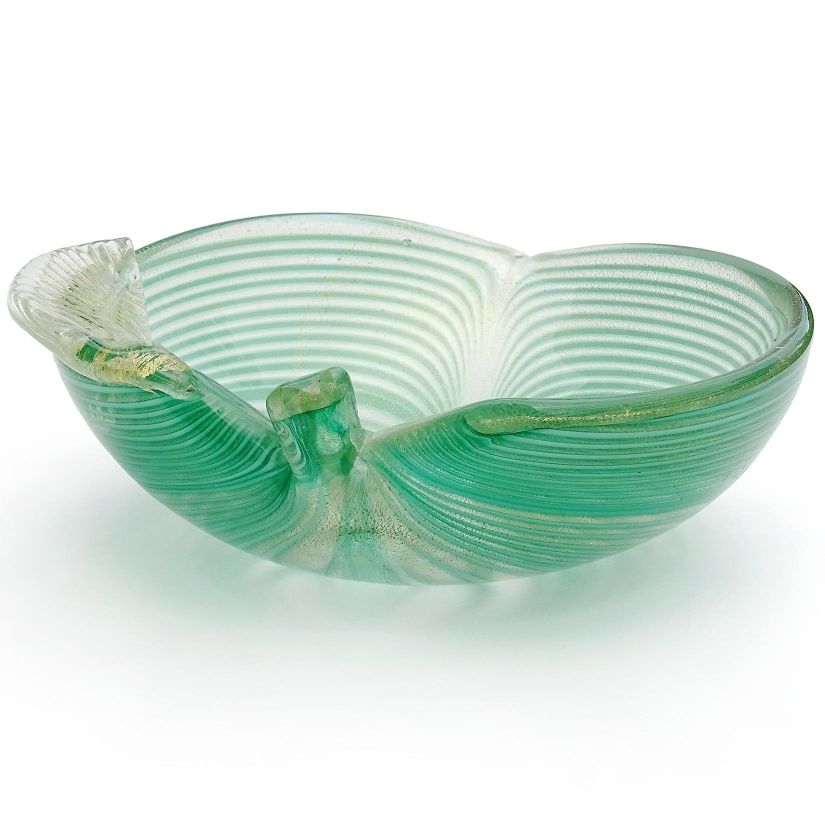 Murano Glass Murano Green Fenicio Pulled Feather Gold Flecks Italian Art Glass Leaf Bowl For Sale