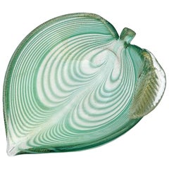 Murano Green Fenicio Pulled Feather Gold Flecks Italian Art Glass Leaf Bowl
