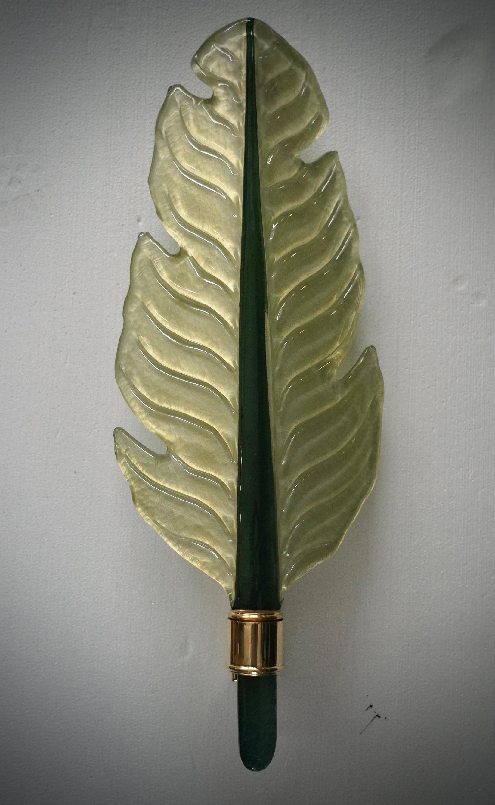 Majestic Murano blown glass leaf with a wonderful green color, made even more beautiful by its polished brass structure. The Murano furnaces create an indisputable timeless design

The wall light is composed of a brass structure that is fixed to the