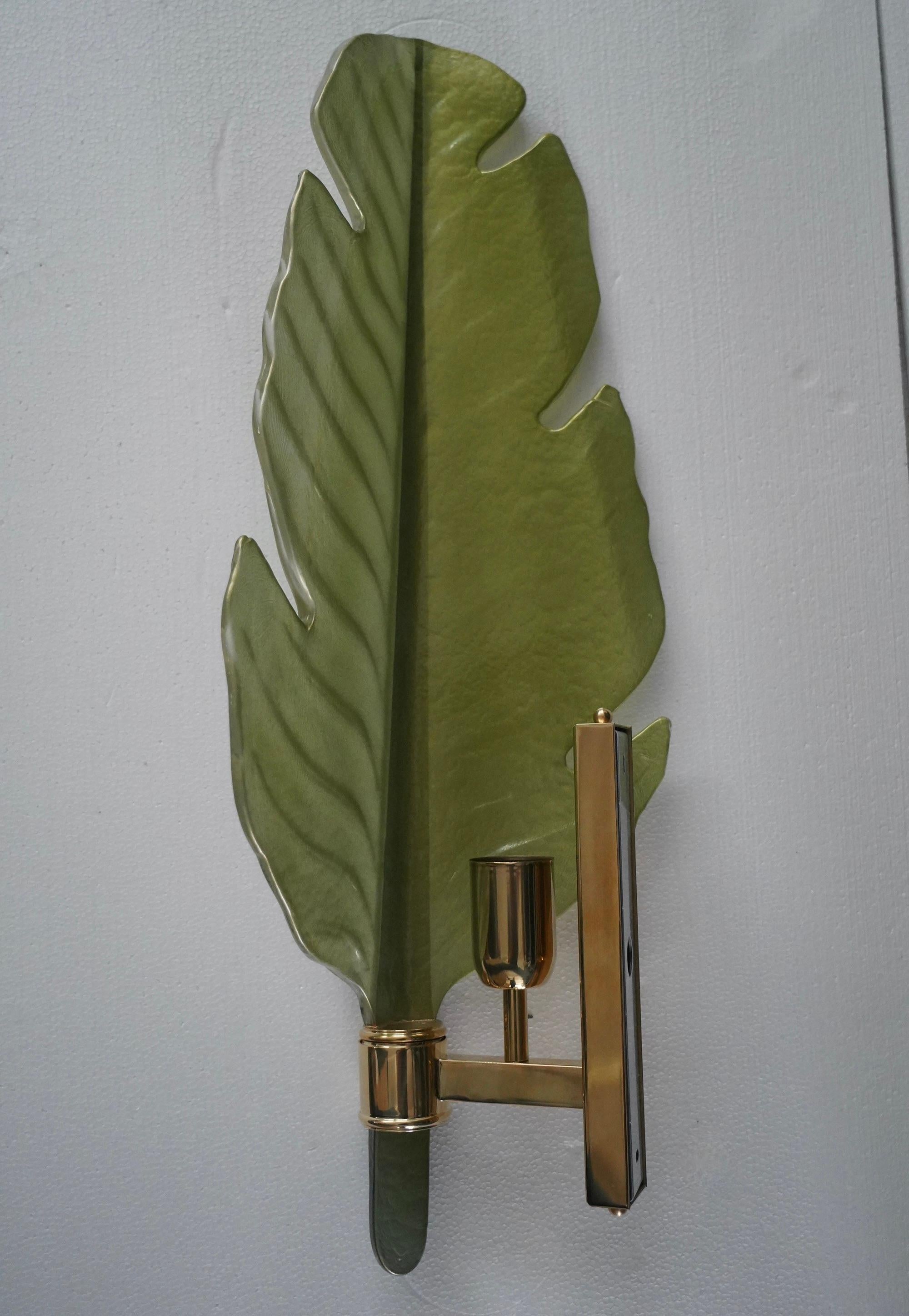 Murano Green Glass and Brass Wall Light and Sconces, 1980 For Sale 2
