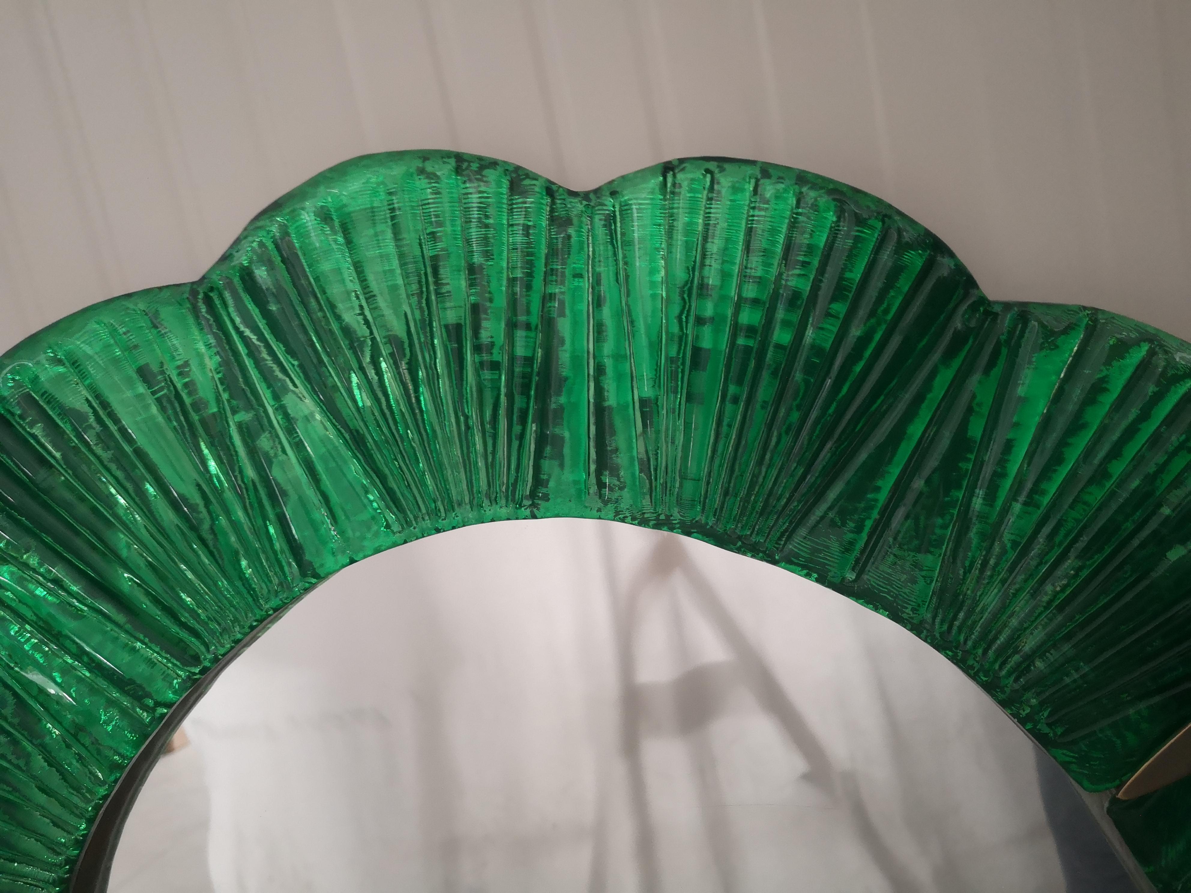 Mid-Century Modern Murano Green Glass and Brass Wall Mirror, 1990 For Sale