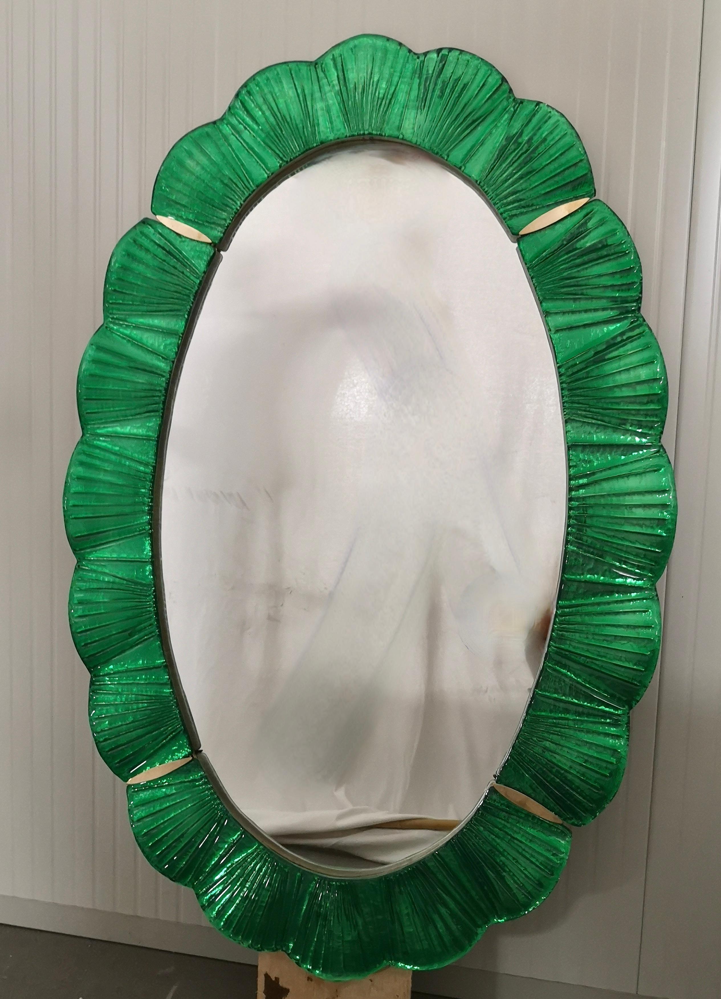 Murano Green Glass and Brass Wall Mirror, 1990 For Sale 1