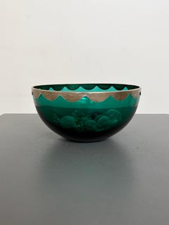 Grüne Glasschale aus Murano mit silbernem Rand und Obstverzierung