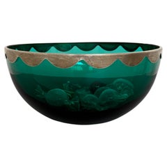 Grüne Glasschale aus Murano mit silbernem Rand und Obstverzierung