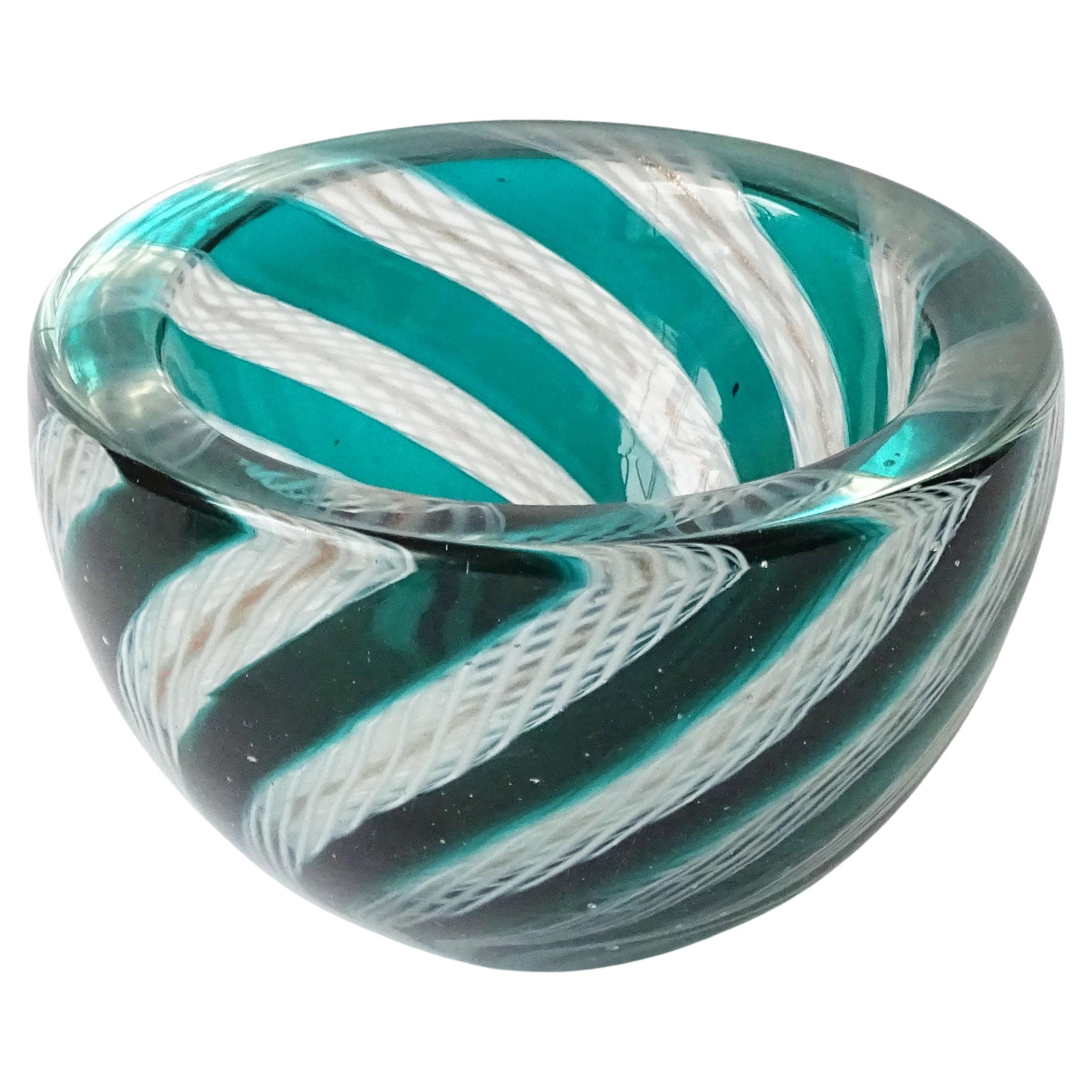 Murano Green Glass Bowl with White Latticino Zanfirico Decoration, 1950s