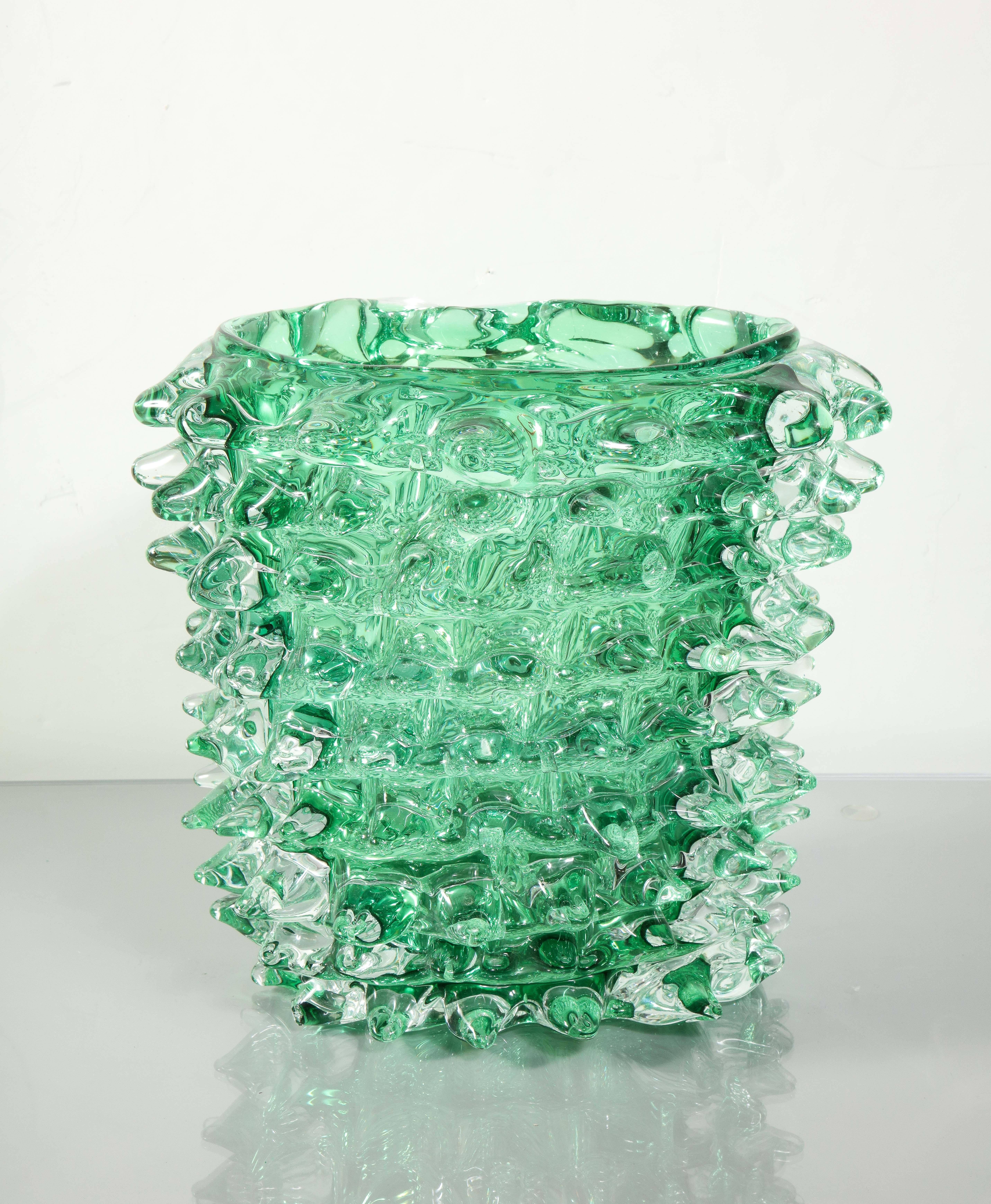 hand blown, midcentury style, green glass vase with spike design in the manner of Barovier, Italy.