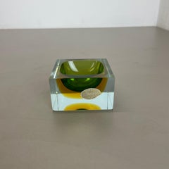 Murano green Glass Sommerso Block Cube Ashtray Element Flavio Poli, Italy, 1970s
