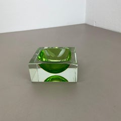 Murano green Glass Sommerso Block Cube Ashtray Element Flavio Poli, Italy, 1970s