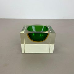 Murano green Glass Sommerso Block Cube Ashtray Element Flavio Poli, Italy, 1970s