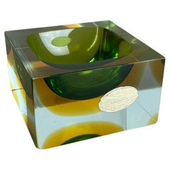 Murano green Glass Sommerso Block Cube Ashtray Element Flavio Poli, Italy, 1970s
