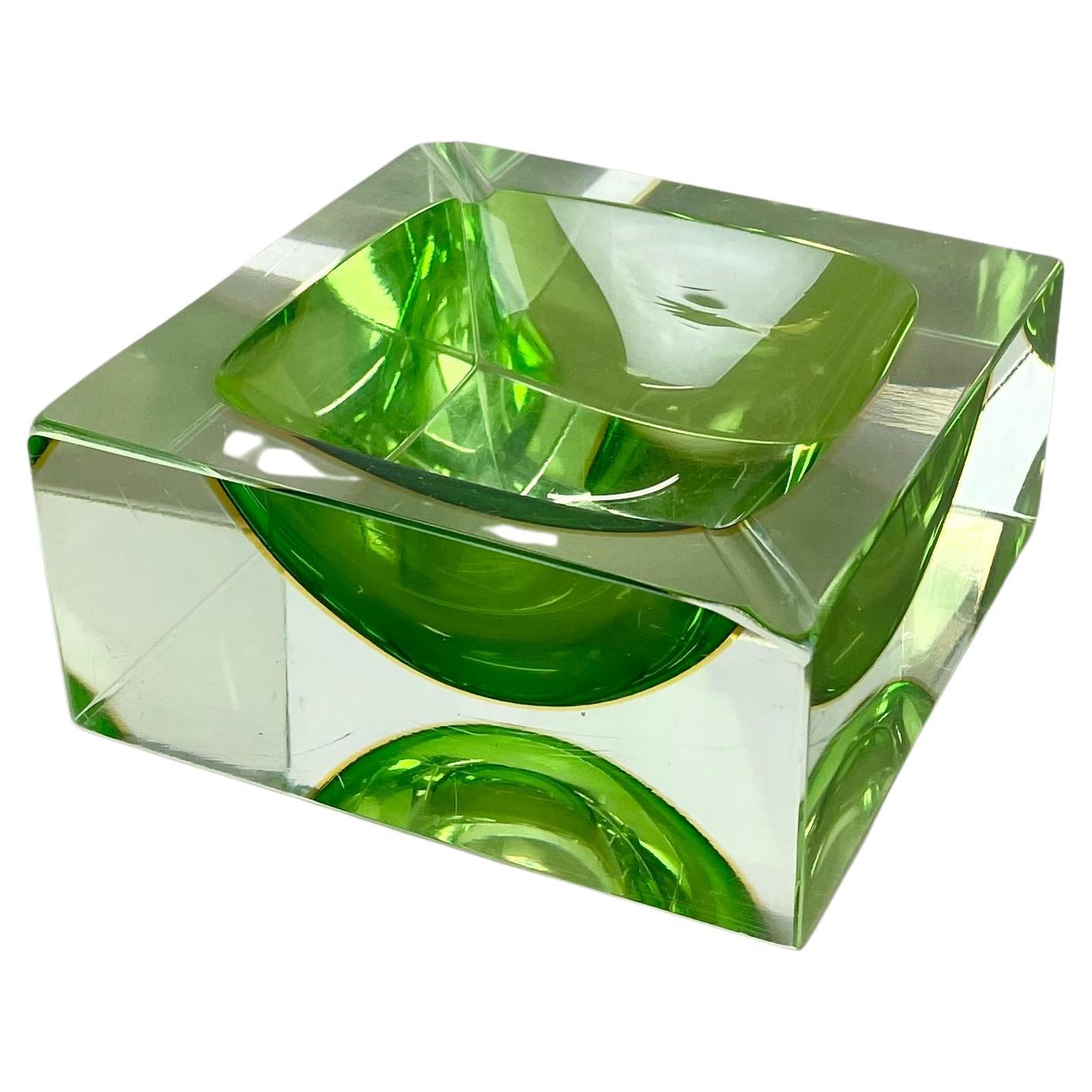 Murano green Glass Sommerso Block Cube Ashtray Element Flavio Poli, Italy, 1970s