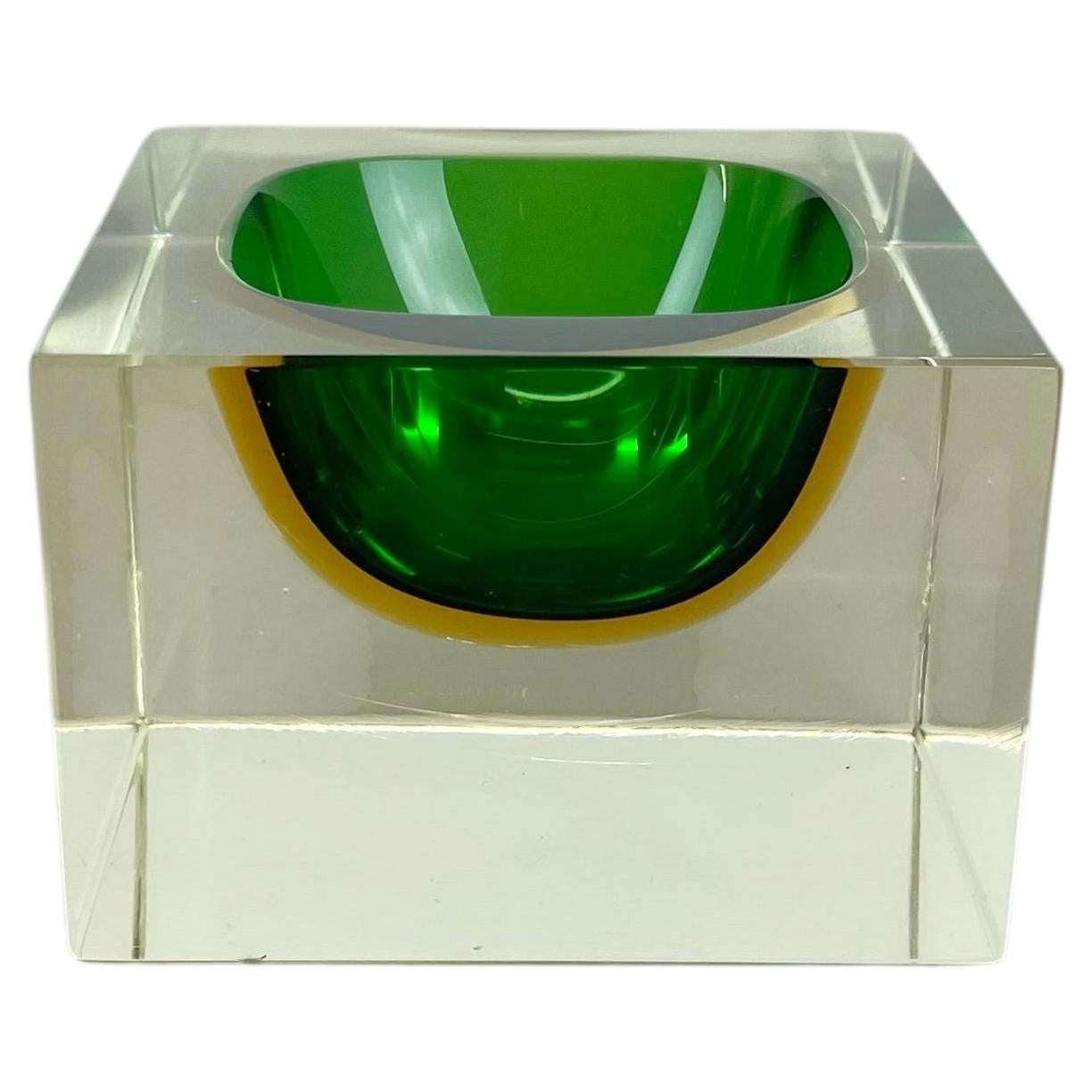 Murano green Glass Sommerso Block Cube Ashtray Element Flavio Poli, Italy, 1970s