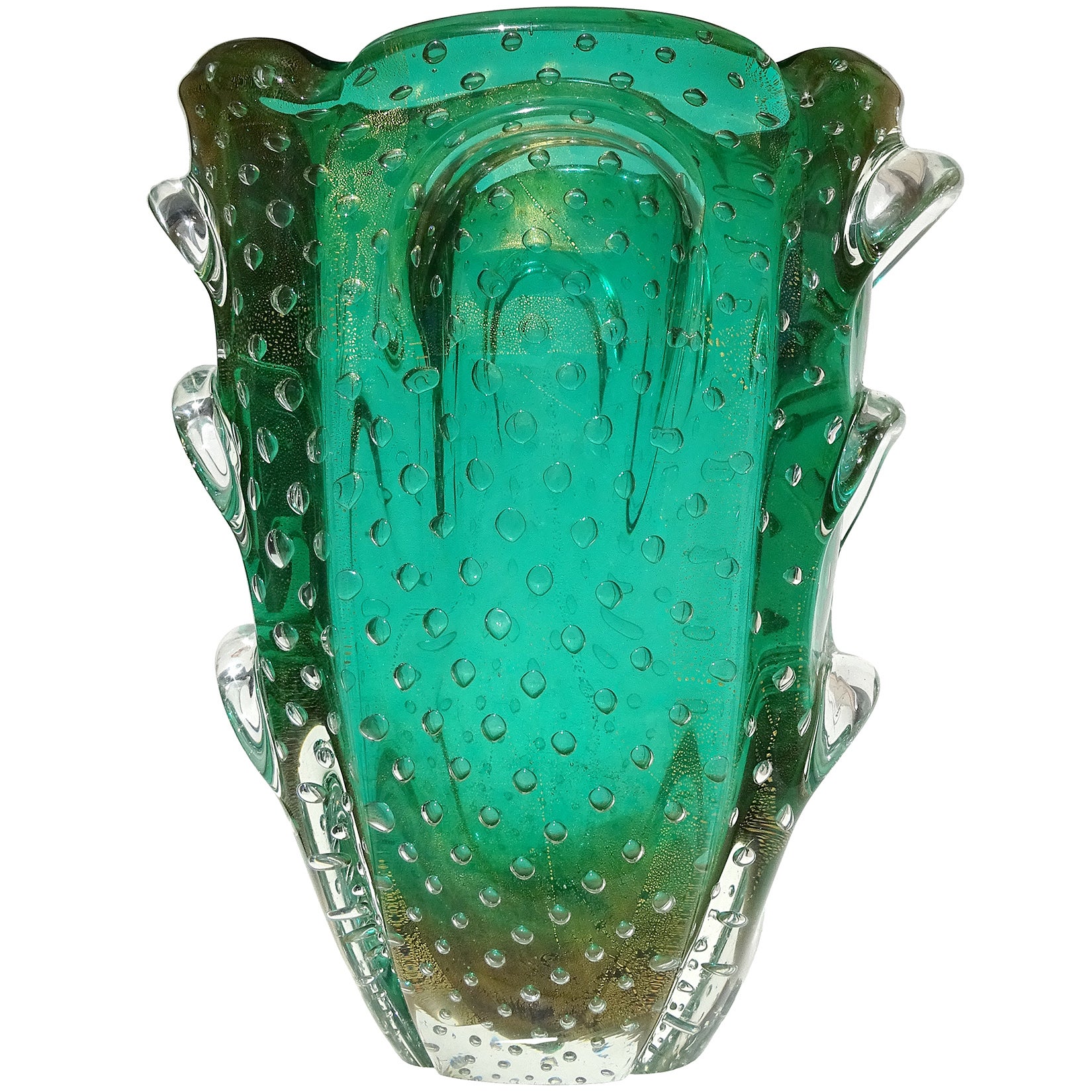 Murano Green Gold Flecks Bullicante Italian Art Glass Sculptural Flower Vase
