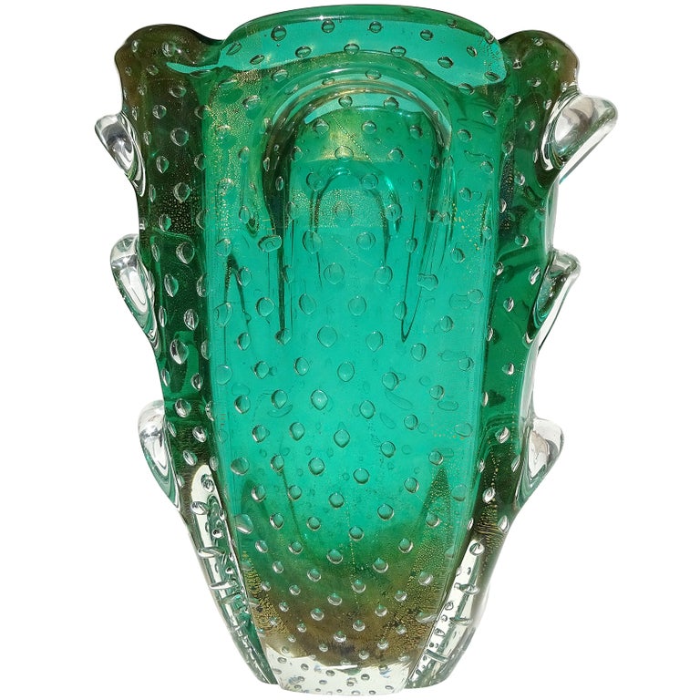 Murano Green Gold Flecks Bullicante Italian Art Glass Sculptural Flower Vase For Sale