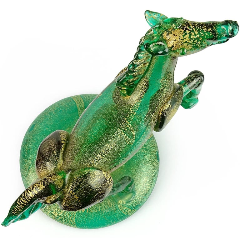 Hand-Crafted Murano Green Gold Flecks Italian Art Glass Elegant Art Deco Horse Sculpture For Sale