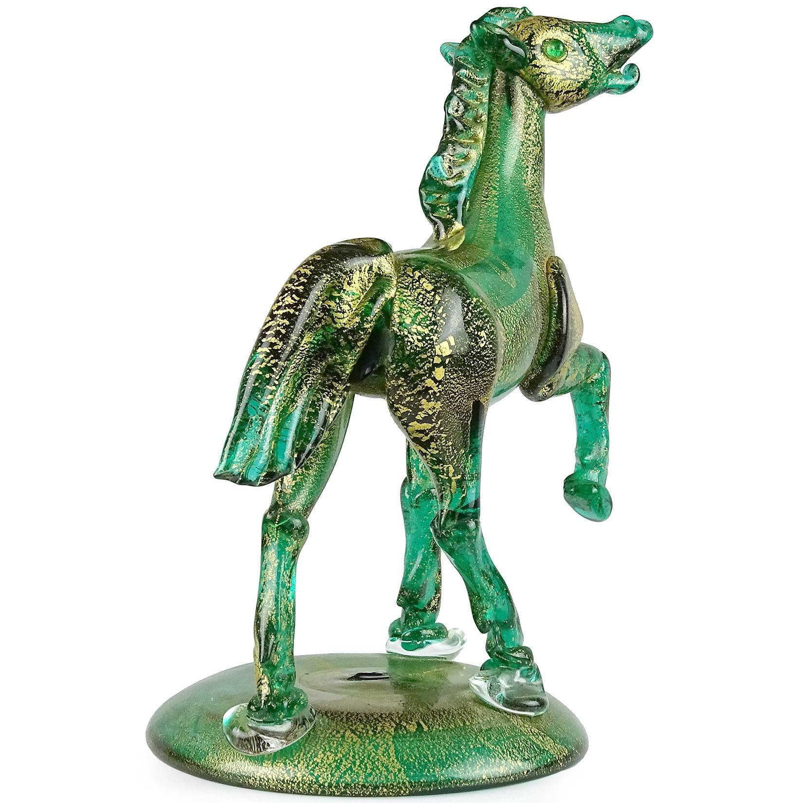 Hand-Crafted Murano Green Gold Flecks Italian Art Glass Elegant Art Deco Horse Sculpture