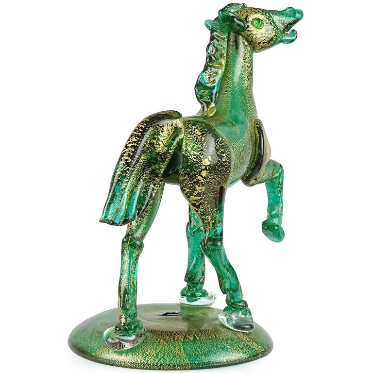 Murano Green Gold Flecks Italian Art Glass Elegant Art Deco Horse Sculpture In Good Condition For Sale In Kissimmee, FL