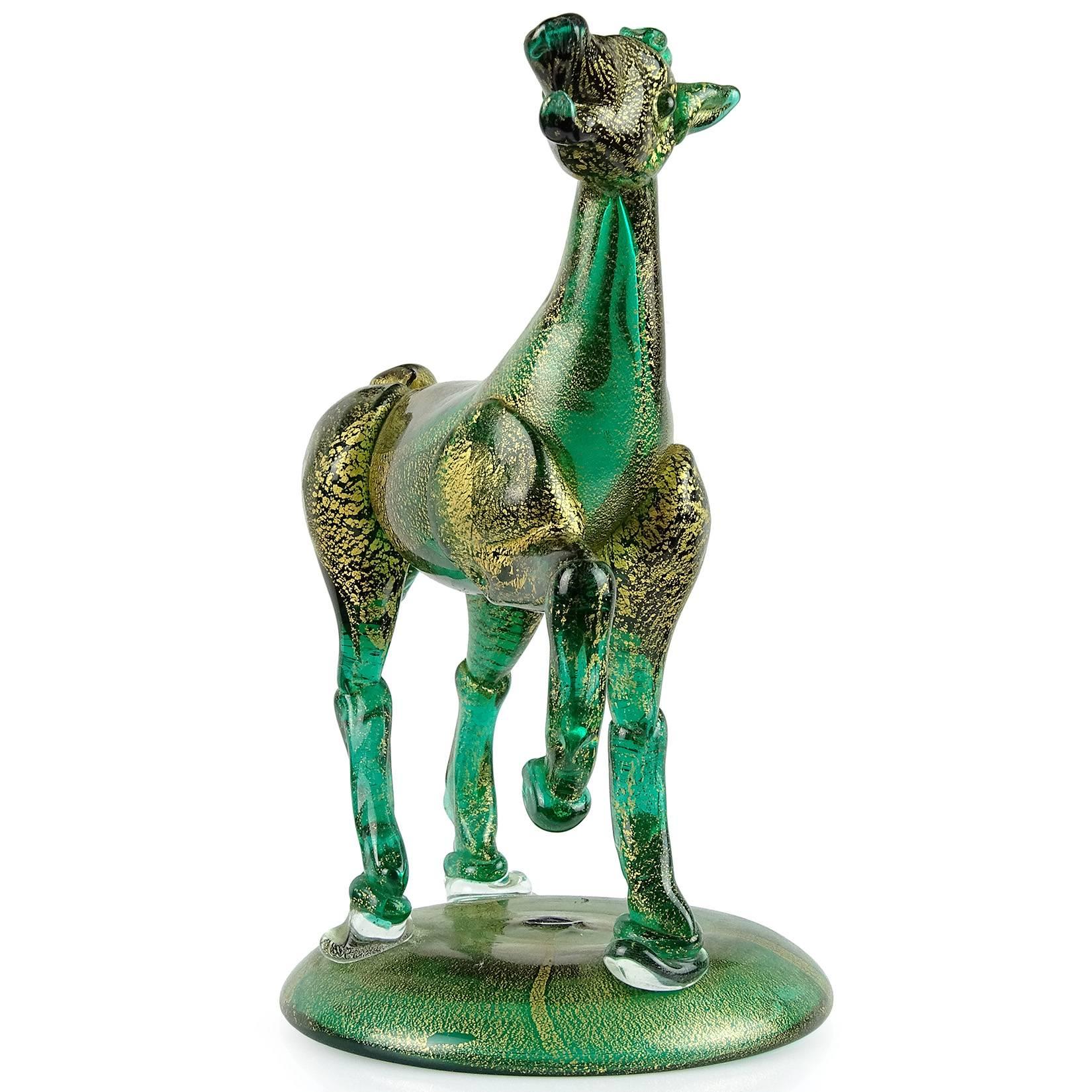 Murano Green Gold Flecks Italian Art Glass Elegant Art Deco Horse Sculpture 1