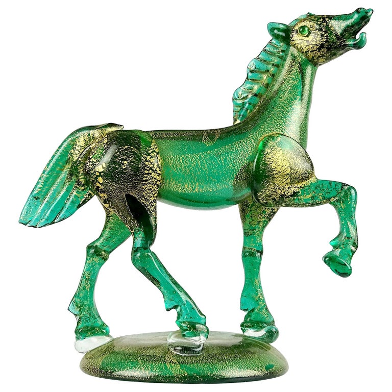Murano Green Gold Flecks Italian Art Glass Elegant Art Deco Horse Sculpture For Sale