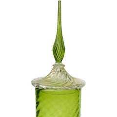 Murano Green Gold Flecks Italian Art Glass Midcentury Decanter Lidded Candy Jar
