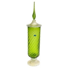 Murano Green Gold Flecks Italian Art Glass Midcentury Decanter Lidded Candy Jar