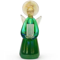 Murano Green Iridescent Gold Flecks Italian Art Glass Angel Candleholder Figure
