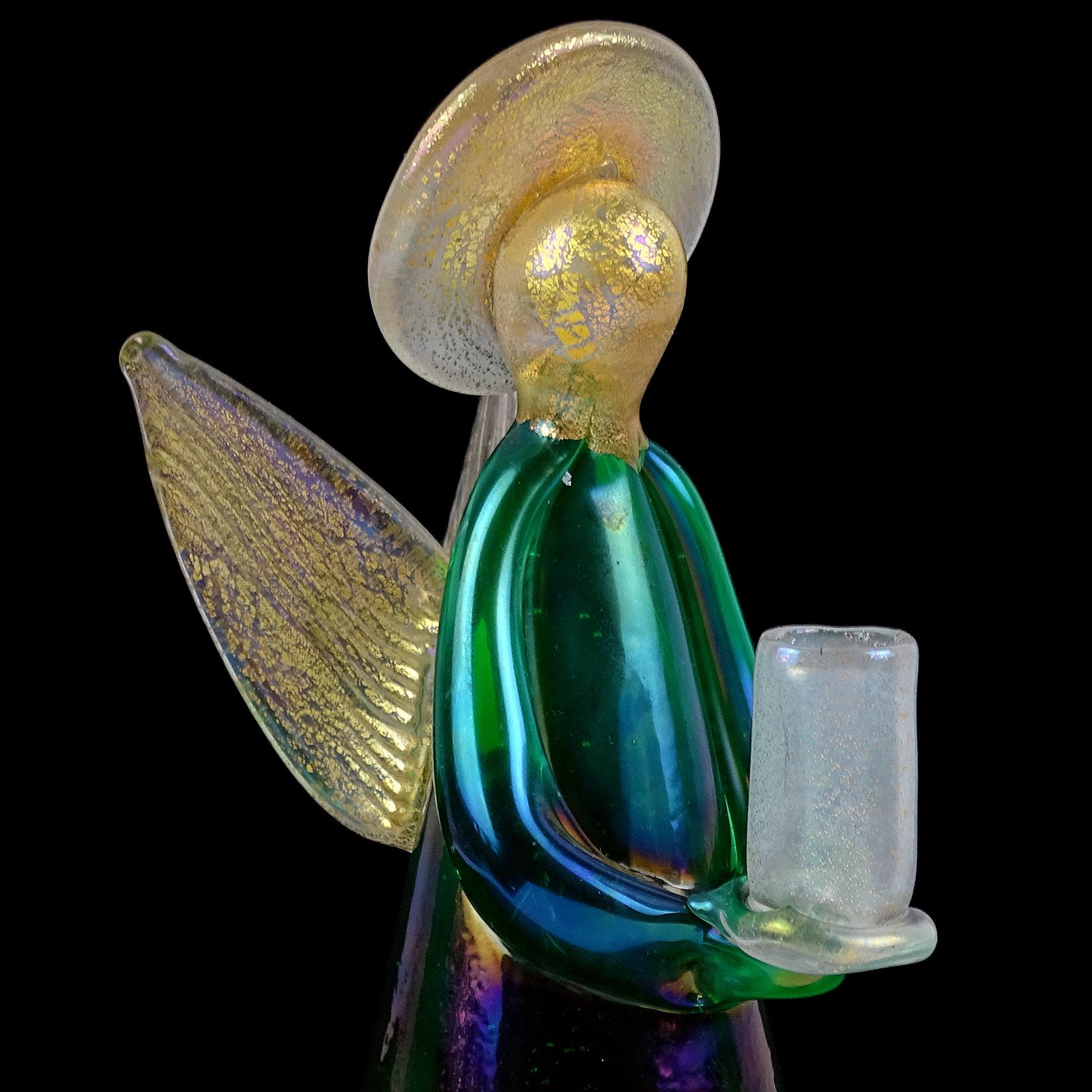 Mid-Century Modern Murano Green Iridescent Gold Flecks Italian Art Glass Angel Candleholder Figure en vente