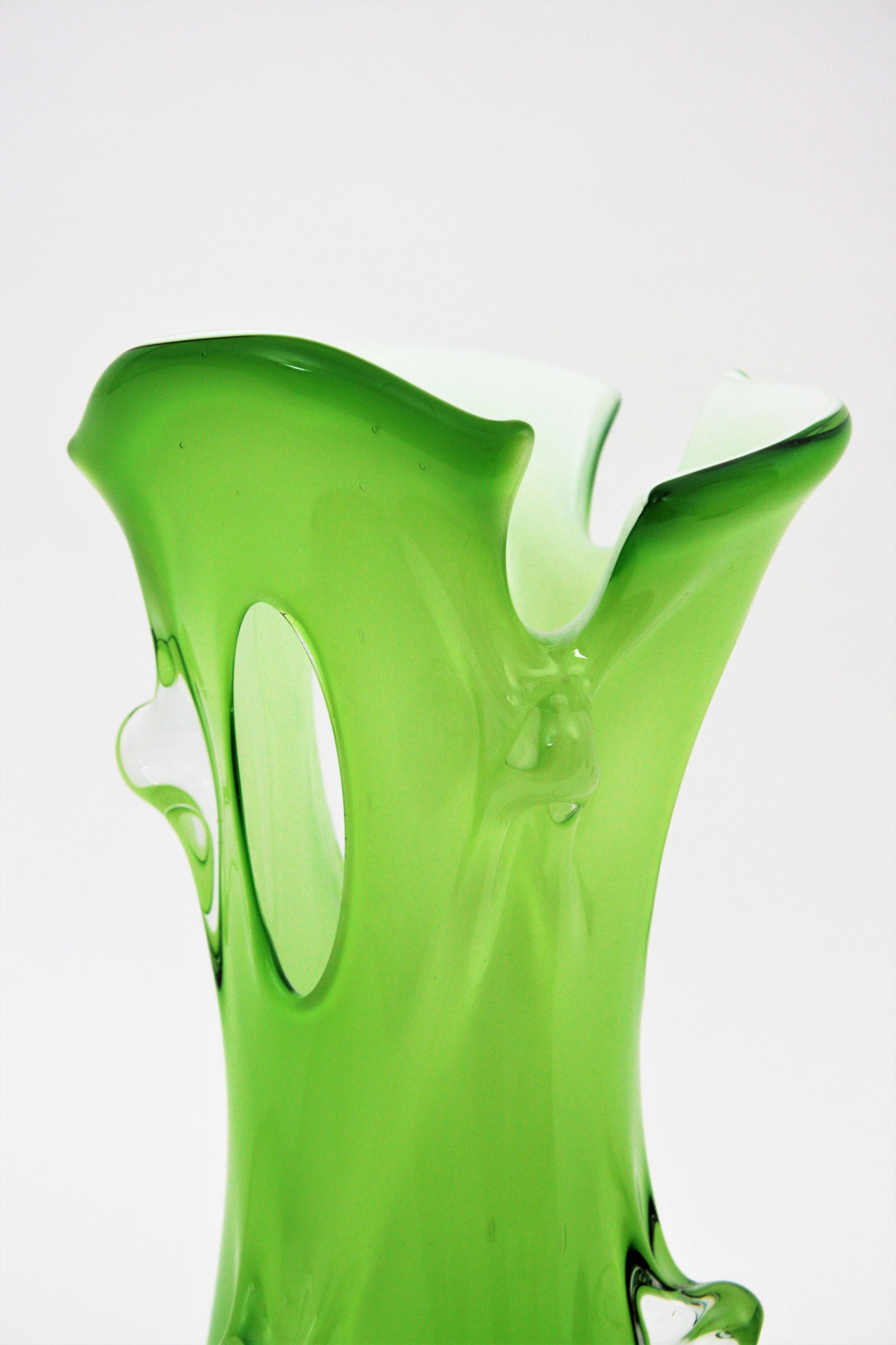 Murano Green Italian Art Glass Forato Vase For Sale 5