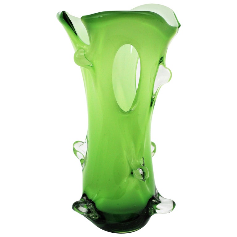 Mid-Century Modern Murano Green Italian Art Glass Forato Vase For Sale