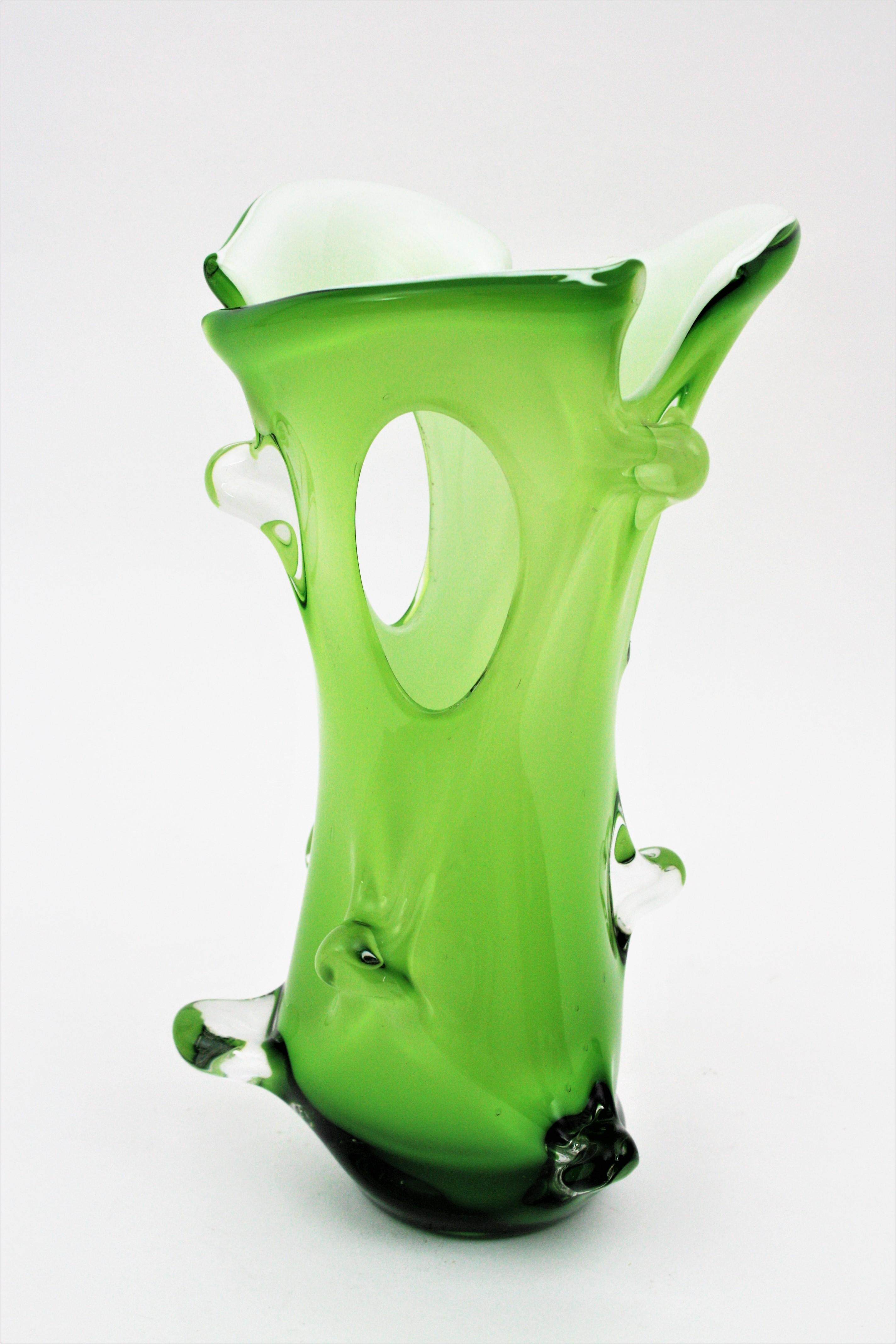 Murano Green Italian Art Glass Forato Vase For Sale 1
