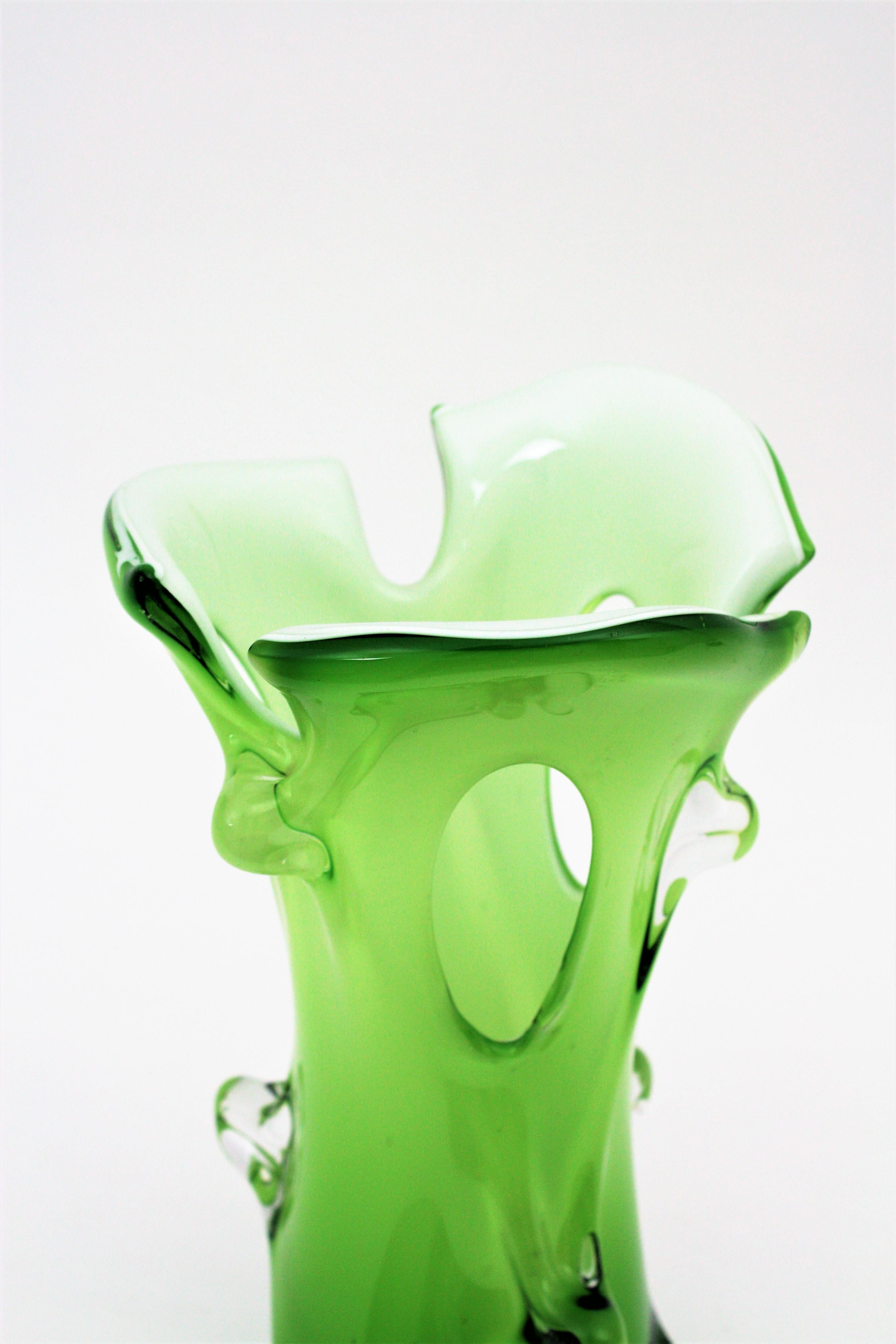 Murano Green Italian Art Glass Forato Vase For Sale 2