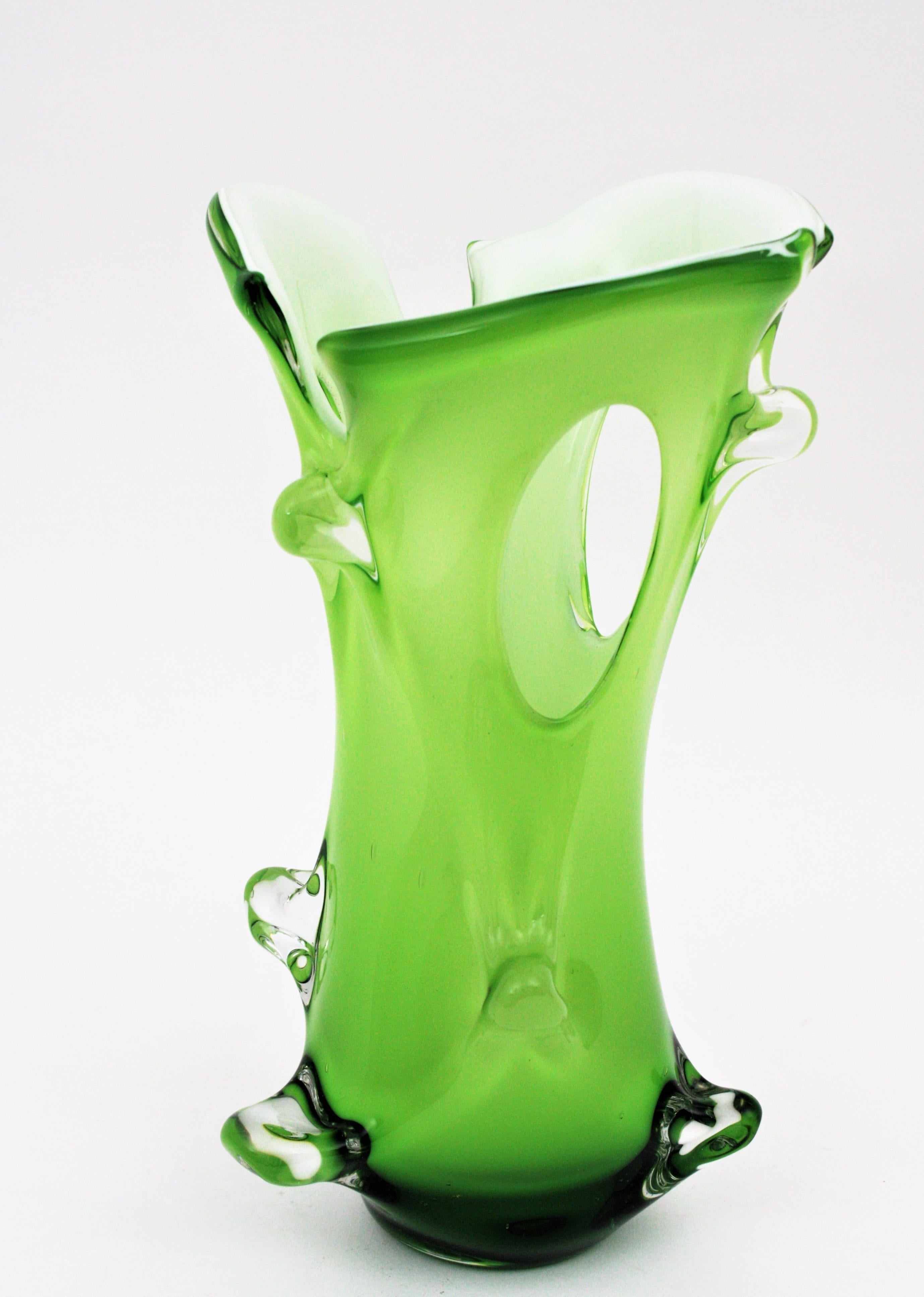 Murano Green Italian Art Glass Forato Vase For Sale 3